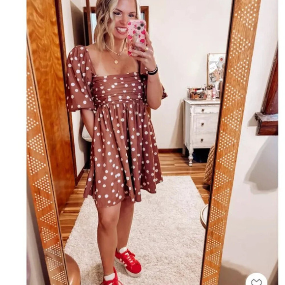 Abercrombie & Fitch Emerson Ruched Puff Sleeve Polka Dot Babydoll Mini Dress NWT - Picture 4 of 14